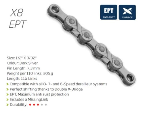 CHAIN - 8 Speed - KMC X8 EPT - 116L - SILVER - EcoPro TeQ Coating - w/Connect Link